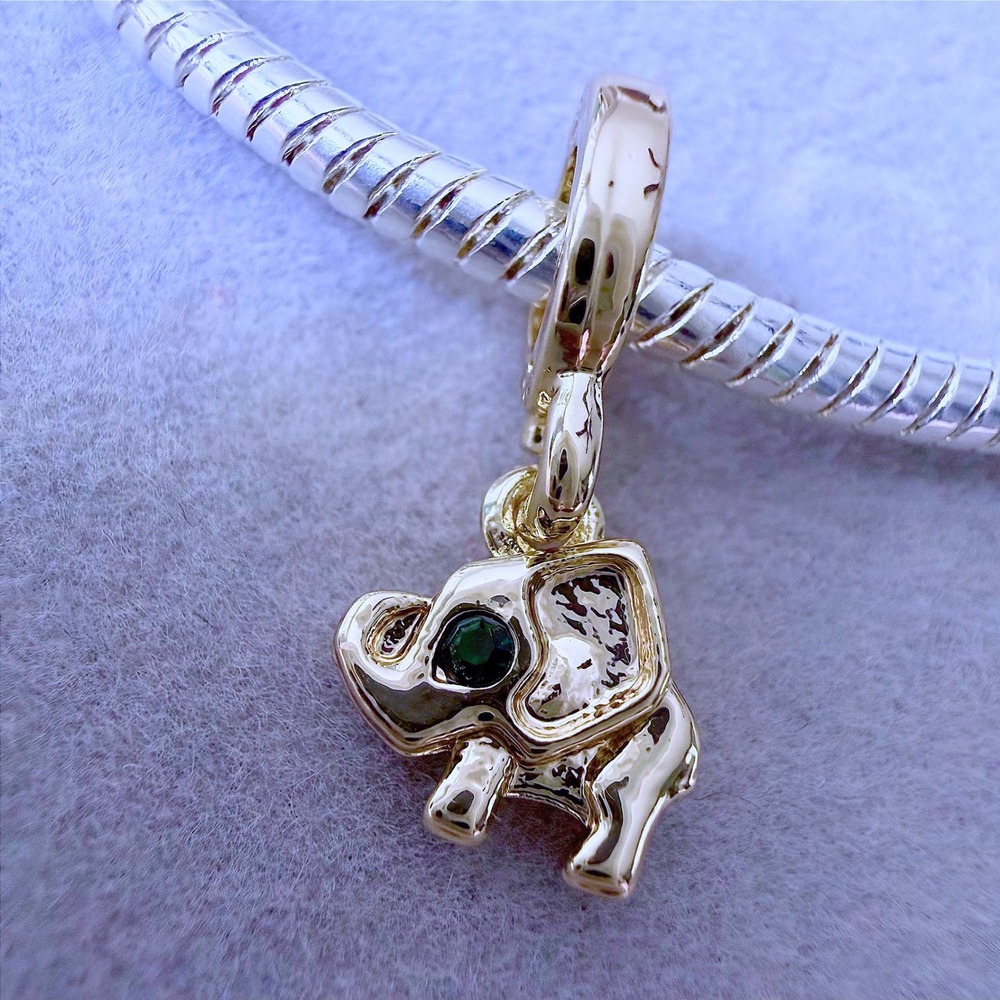 Gold Elephant Dangle Charm Green Eye fits PANDORA
